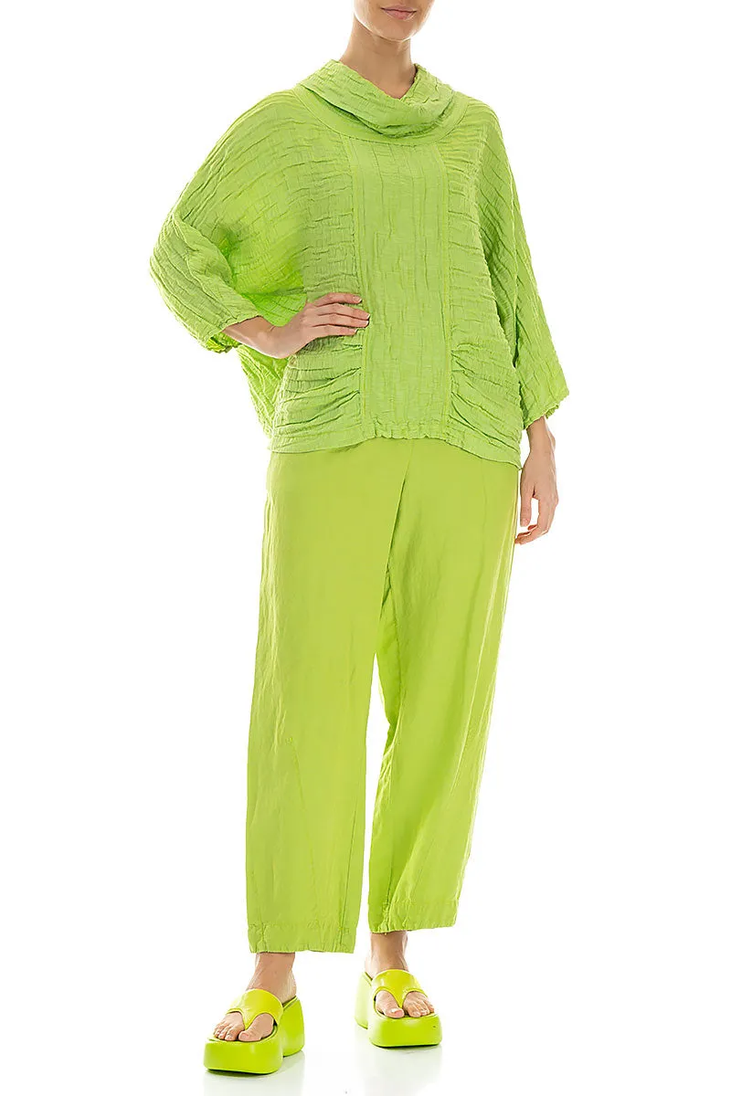Cowl Neck Crinkled Lime Silk Blouse