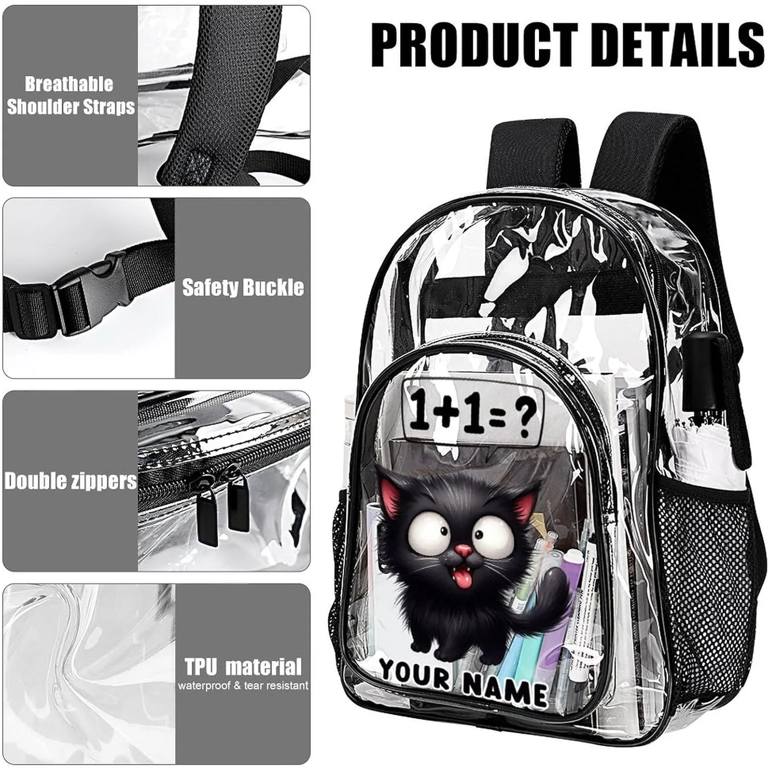 Custom Cat Clear Backpack Heavy Duty for Girls Kids Boys Women Men - Large Cute PVC Cats Theme Printing Transparent Backpacks for Schools Stadium Concerts Work - Clear/Black