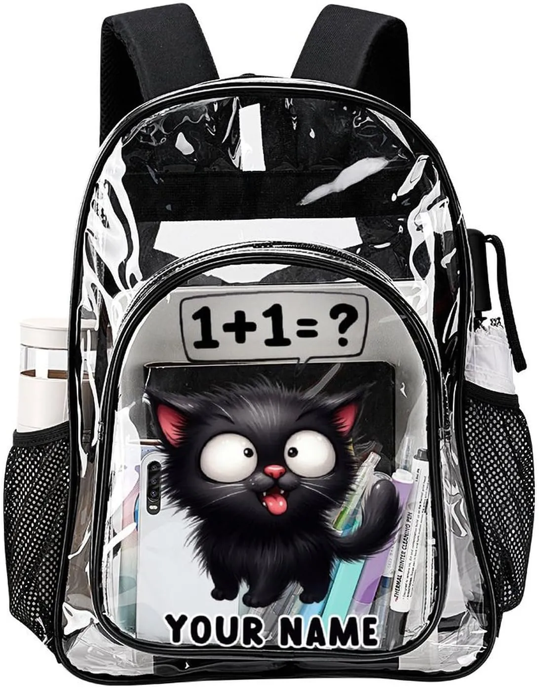 Custom Cat Clear Backpack Heavy Duty for Girls Kids Boys Women Men - Large Cute PVC Cats Theme Printing Transparent Backpacks for Schools Stadium Concerts Work - Clear/Black