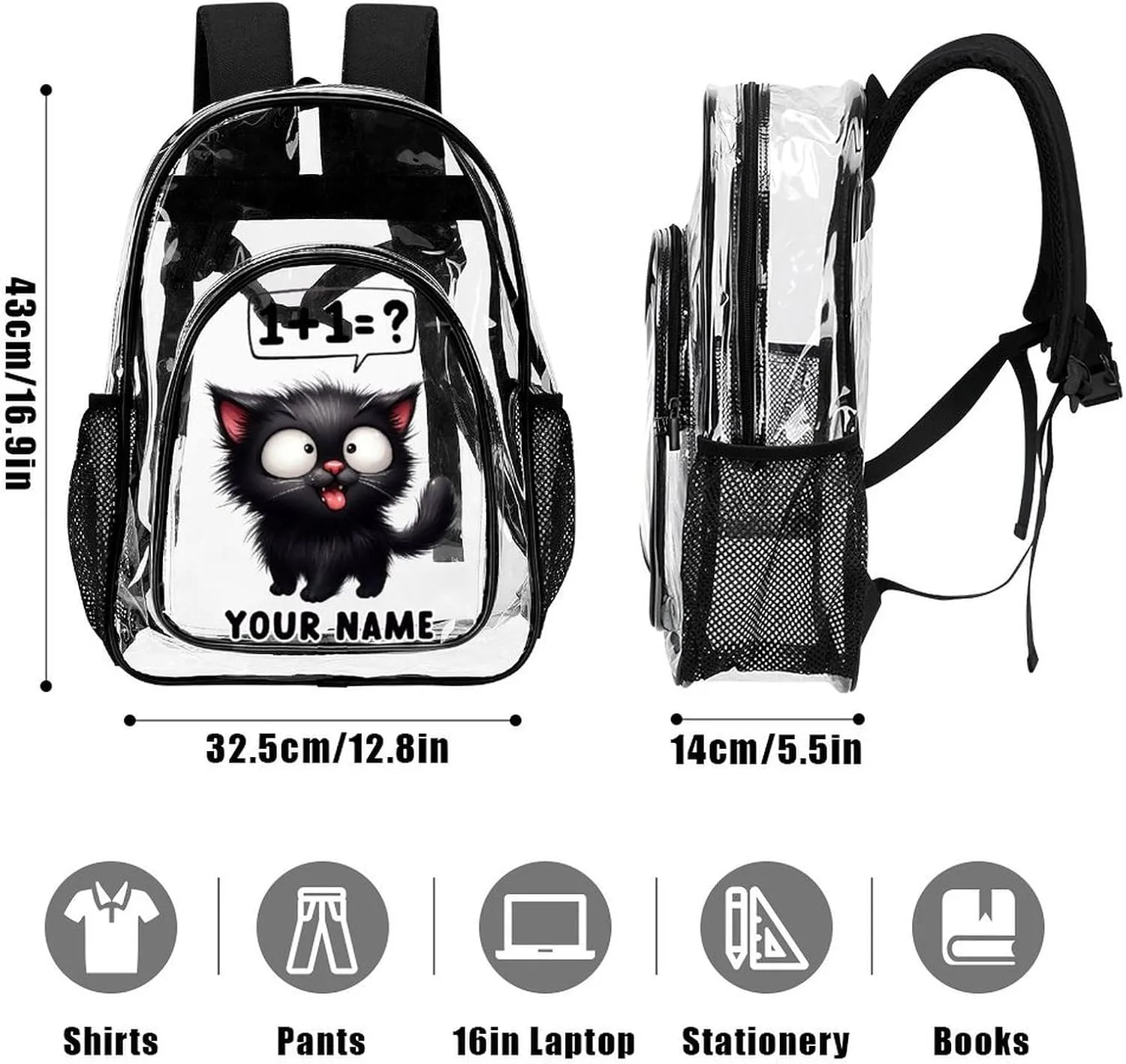Custom Cat Clear Backpack Heavy Duty for Girls Kids Boys Women Men - Large Cute PVC Cats Theme Printing Transparent Backpacks for Schools Stadium Concerts Work - Clear/Black