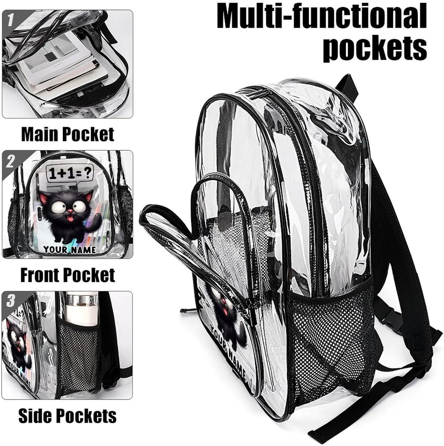 Custom Cat Clear Backpack Heavy Duty for Girls Kids Boys Women Men - Large Cute PVC Cats Theme Printing Transparent Backpacks for Schools Stadium Concerts Work - Clear/Black