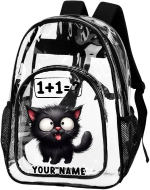Custom Cat Clear Backpack Heavy Duty for Girls Kids Boys Women Men - Large Cute PVC Cats Theme Printing Transparent Backpacks for Schools Stadium Concerts Work - Clear/Black