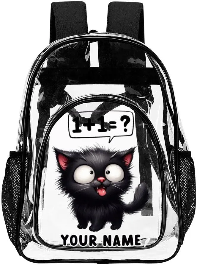 Custom Cat Clear Backpack Heavy Duty for Girls Kids Boys Women Men - Large Cute PVC Cats Theme Printing Transparent Backpacks for Schools Stadium Concerts Work - Clear/Black