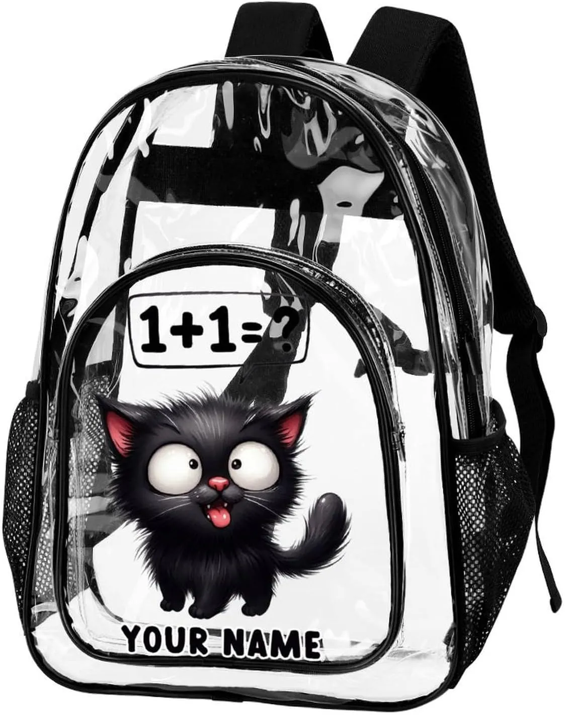 Custom Cat Clear Backpack Heavy Duty for Girls Kids Boys Women Men - Large Cute PVC Cats Theme Printing Transparent Backpacks for Schools Stadium Concerts Work - Clear/Black