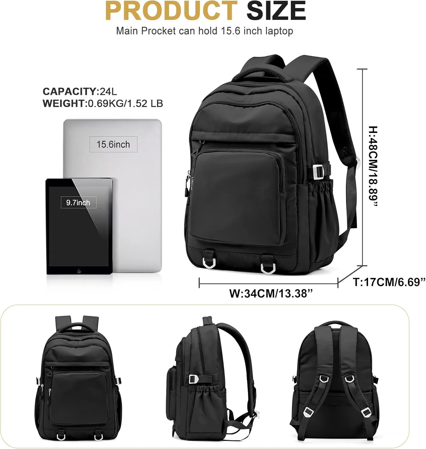 Cute Black Backpack for College Students Waterproof School Bag High School Backpacks for Teens Girls Boys Laptop Bookbag Casual Daypacks Backpacks for Women Men