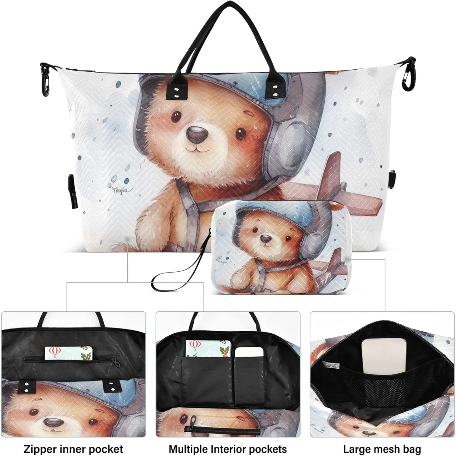 Cute Cartoon Bear Pilot Duffel Bag Womens Toiletry Bags Set of 2, Design Women Gym Bags Tote Carry on Tote