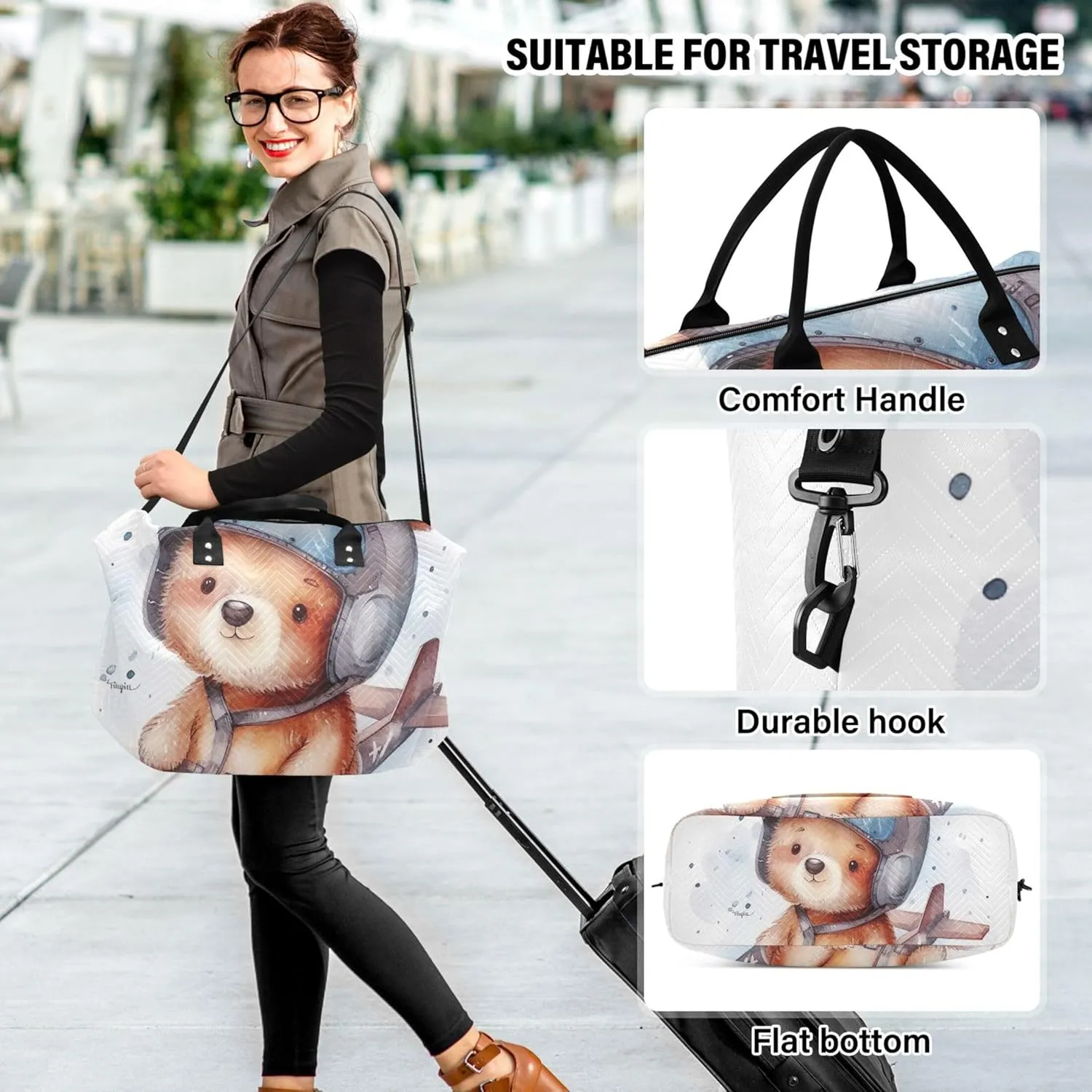 Cute Cartoon Bear Pilot Duffel Bag Womens Toiletry Bags Set of 2, Design Women Gym Bags Tote Carry on Tote