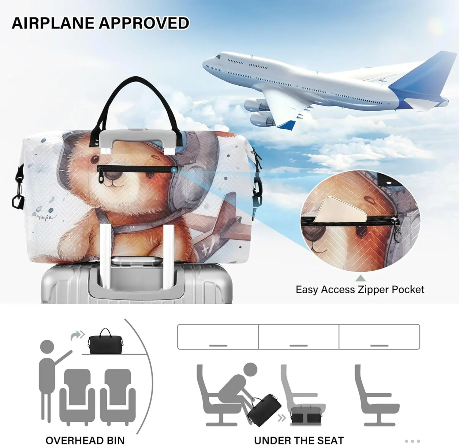 Cute Cartoon Bear Pilot Duffel Bag Womens Toiletry Bags Set of 2, Design Women Gym Bags Tote Carry on Tote
