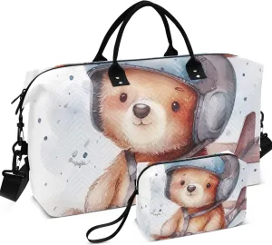 Cute Cartoon Bear Pilot Duffel Bag Womens Toiletry Bags Set of 2, Design Women Gym Bags Tote Carry on Tote