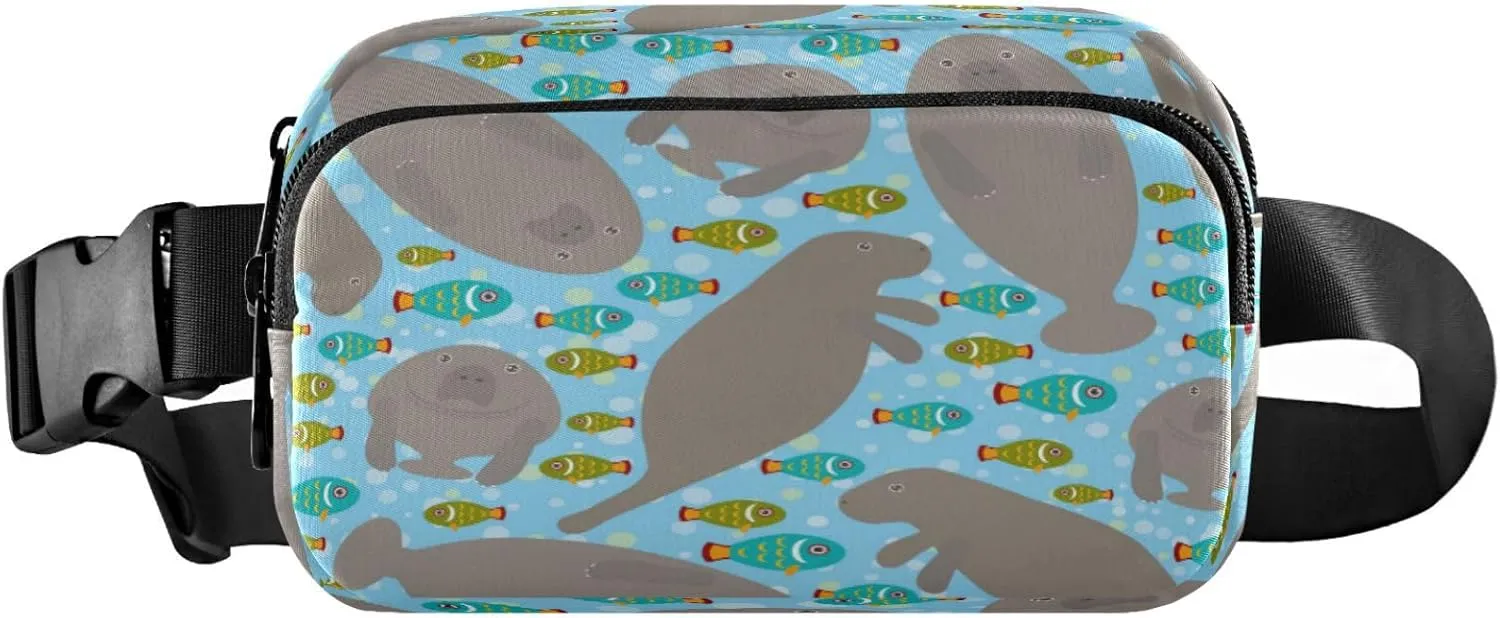 Cute Cartoon Manatee Fish Belt Bag for Women Men Fanny Pack Small Waist Pouch Crossbody Bags for Outdoor Hiking Running Travel