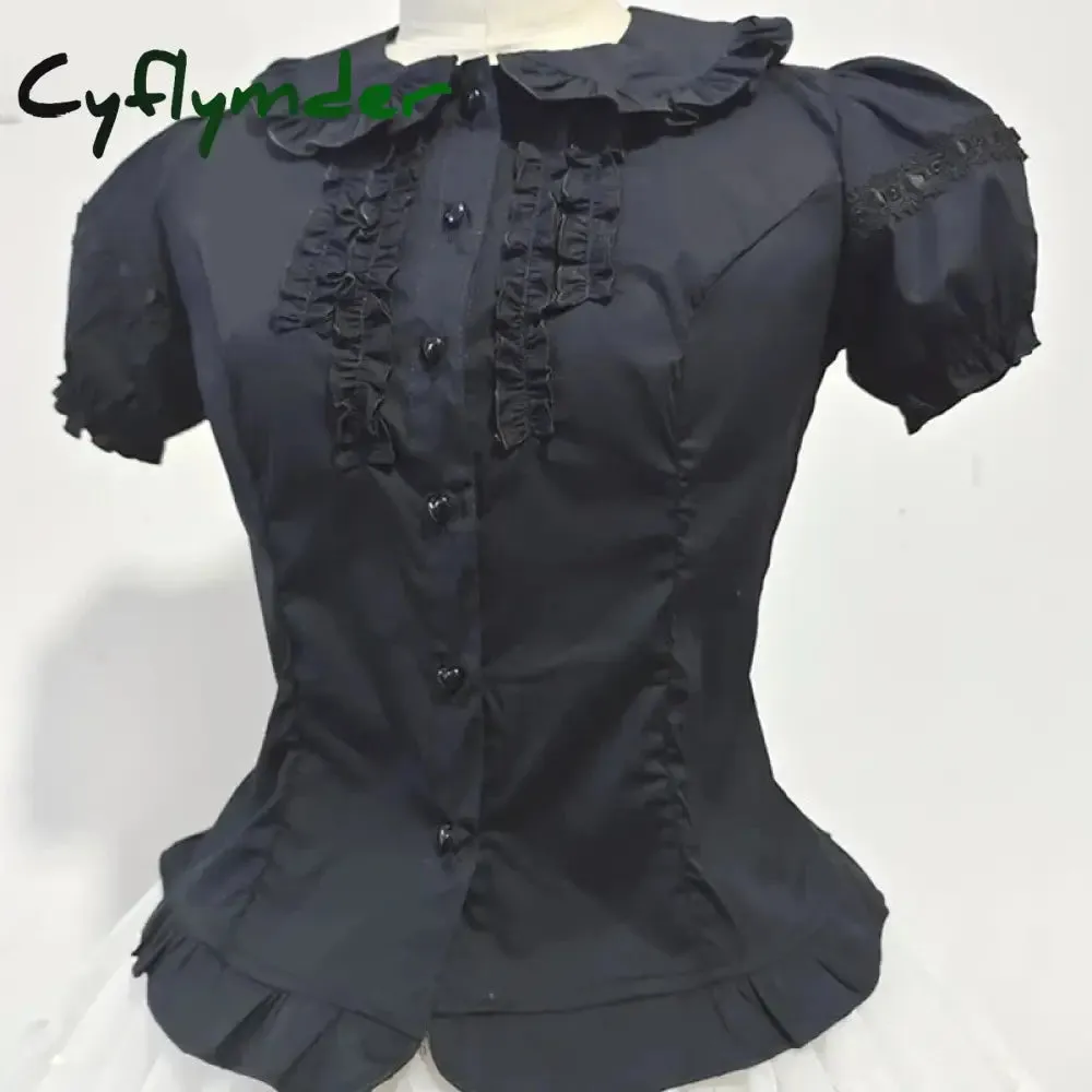 Cyflymder Japanese Gothic Lolita Style Shirts Women Vintage Elegant Detachable Long Sleeves Blouses Victorian Peter Pan Collar Slim Tops