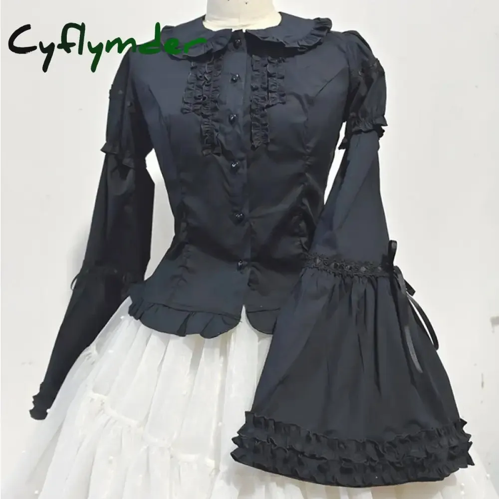 Cyflymder Japanese Gothic Lolita Style Shirts Women Vintage Elegant Detachable Long Sleeves Blouses Victorian Peter Pan Collar Slim Tops