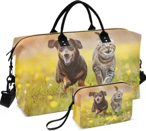 Dachshund and Cat Running in a Meadow Duffel Bag Womens Toiletry Pouches Set of 2, Cute Print Women Garment Duffel Bag Overnight Bag
