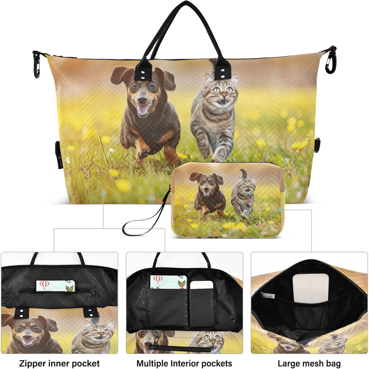 Dachshund and Cat Running in a Meadow Duffel Bag Womens Toiletry Pouches Set of 2, Cute Print Women Garment Duffel Bag Overnight Bag