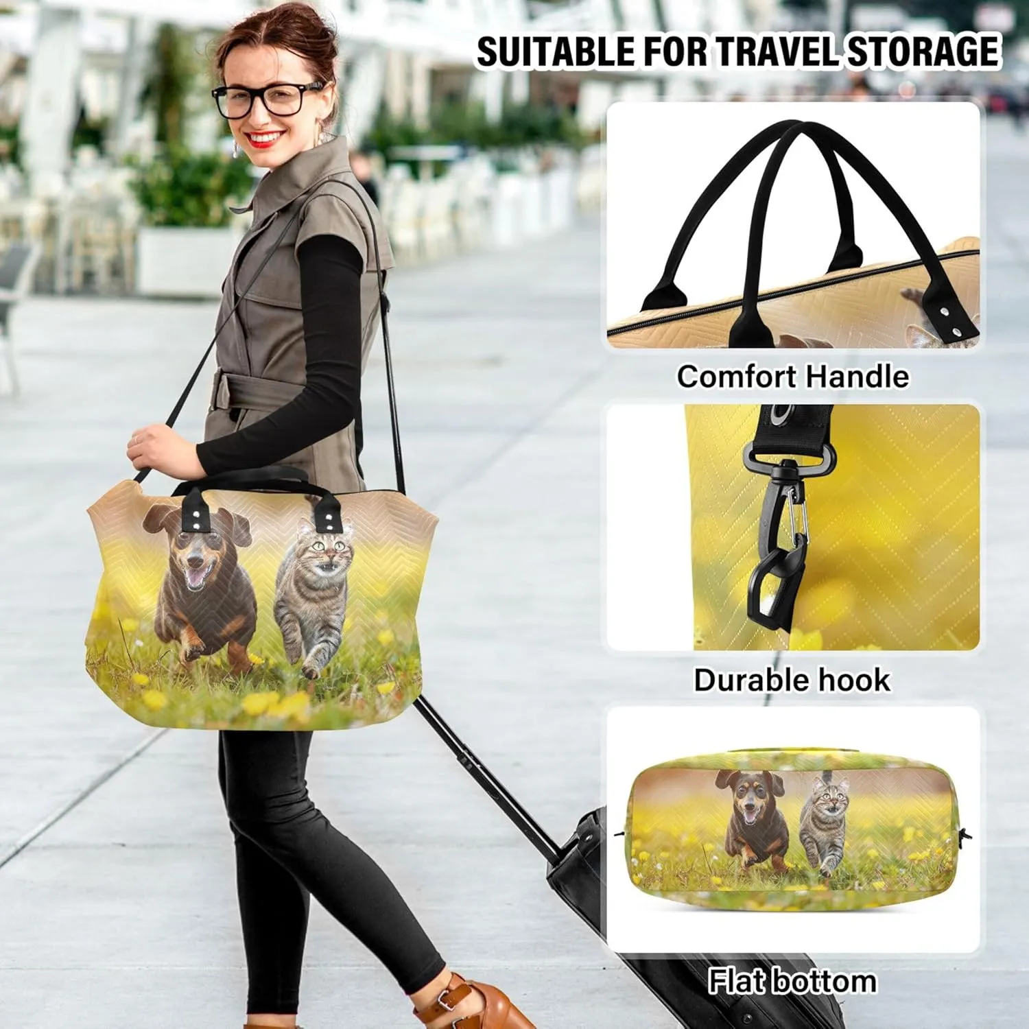 Dachshund and Cat Running in a Meadow Duffel Bag Womens Toiletry Pouches Set of 2, Cute Print Women Garment Duffel Bag Overnight Bag