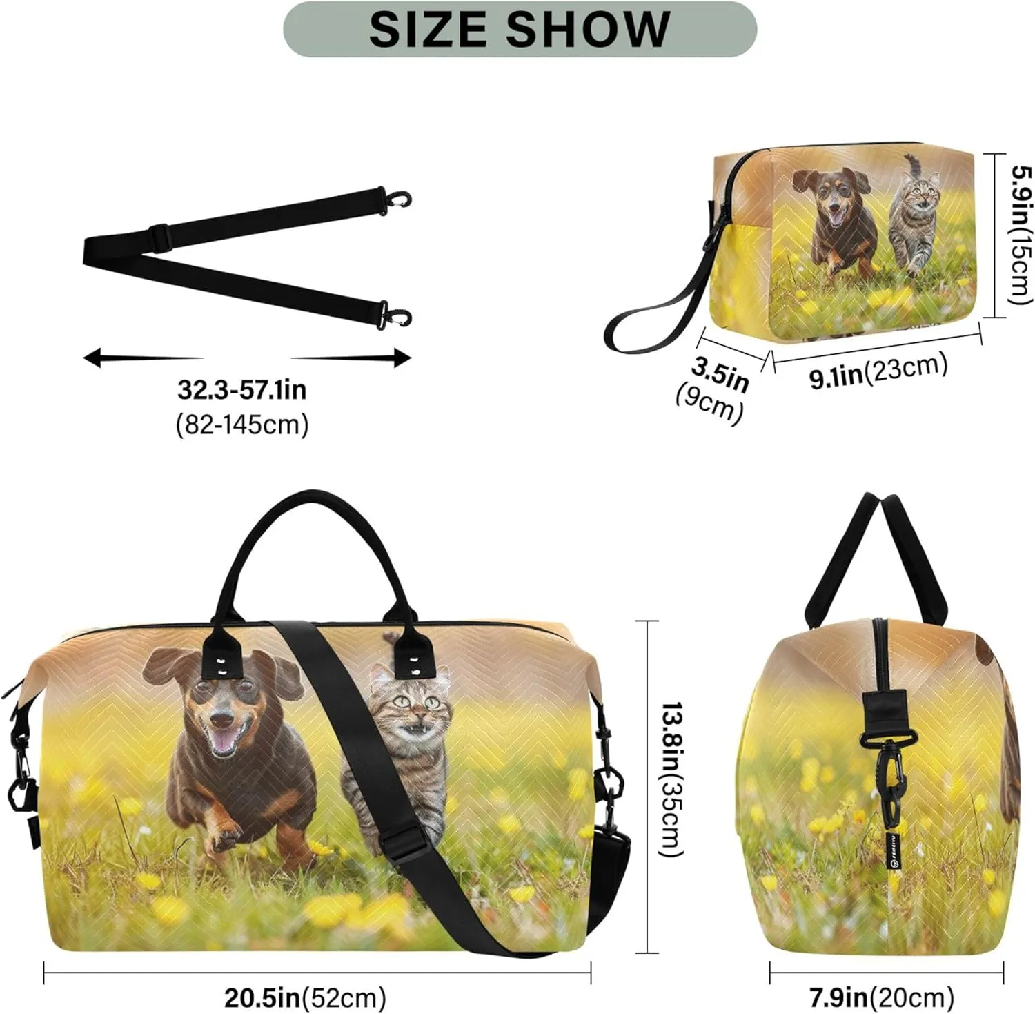 Dachshund and Cat Running in a Meadow Duffel Bag Womens Toiletry Pouches Set of 2, Cute Print Women Garment Duffel Bag Overnight Bag