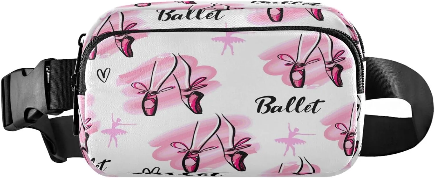 Dancing Ballerinas Silhoette Ballet Shoes Hearts Belt Bag for Women Men Watercolor Bow Fanny Pack Small Waist Pouch Crossbody Bags for Outdoor Hiking Running Travel