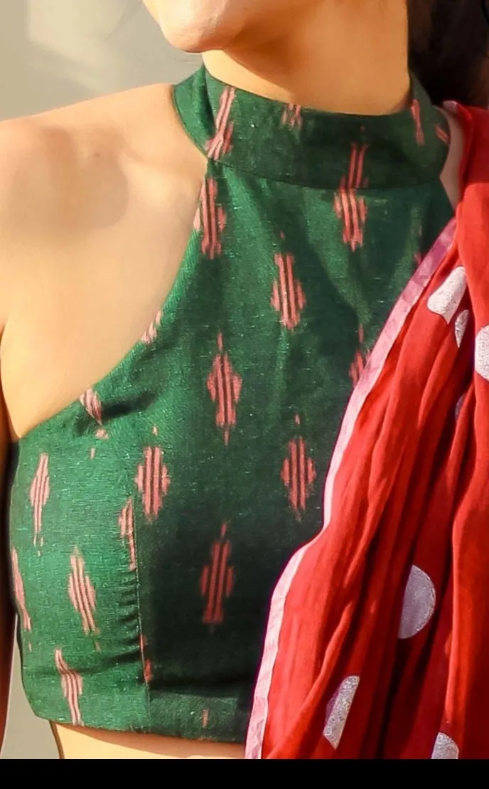 DARK GREEN IKAT COTTON READYMADE BLOUSE