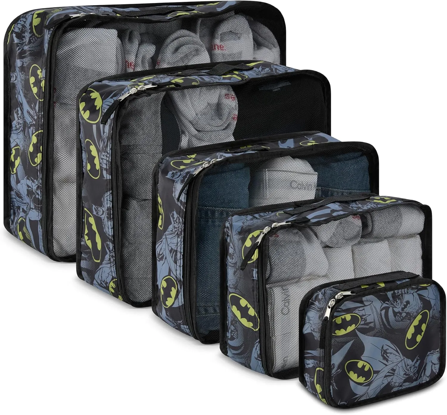 DC Comics Batman Packing Cube Set - Batman, Robin, Superman, Joker - 5 Piece Packing Cube Travel Essential - Luggage Organizer Set - For Kids,Teens,Adults