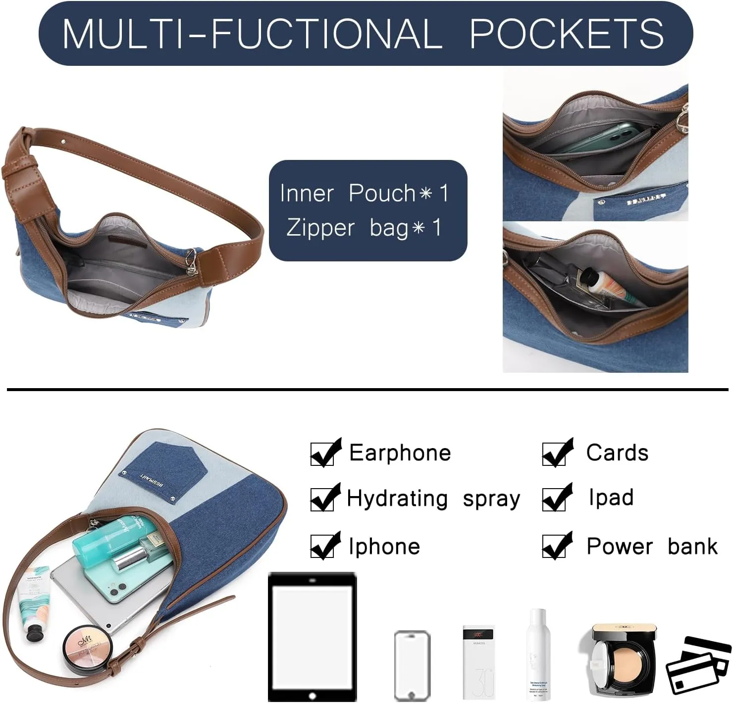 Denim Crossbody Bag Quilted Shoulder Bags for Women