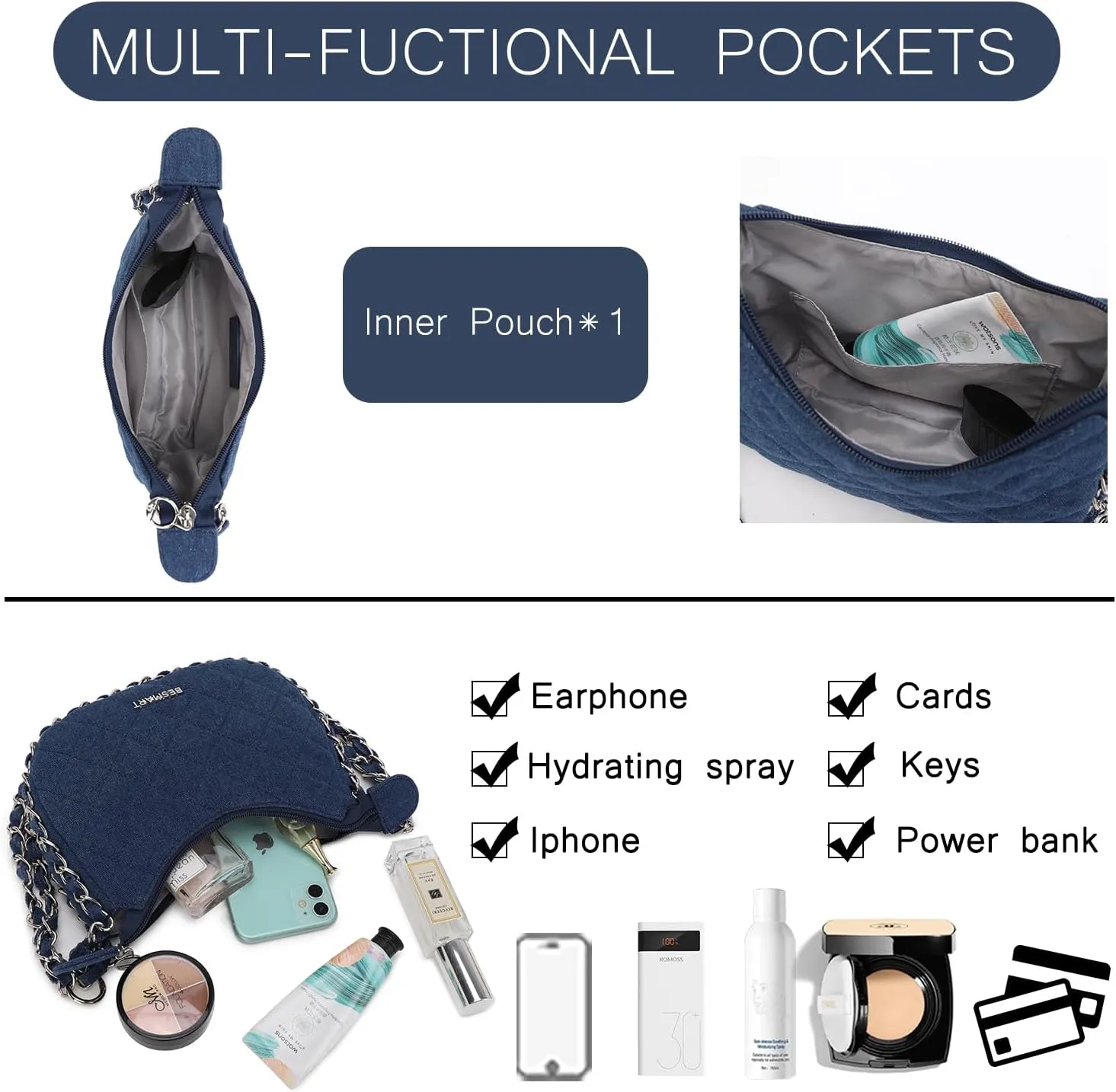 Denim Crossbody Bag Quilted Shoulder Bags for Women