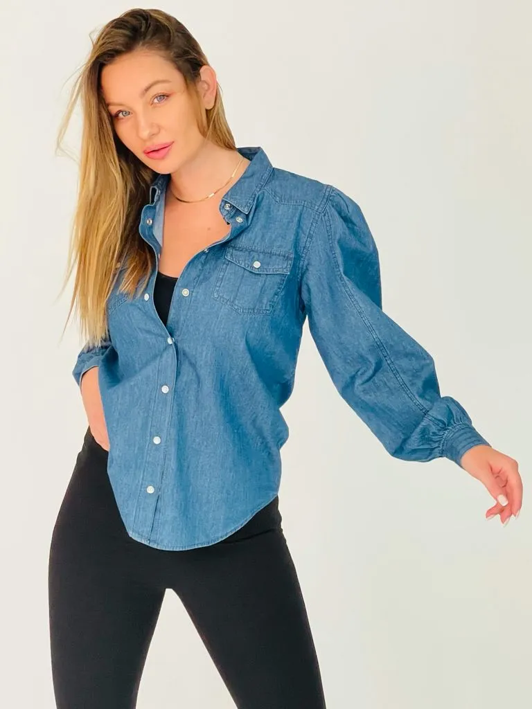Denim Puffy Sleeves Shirt- 190003