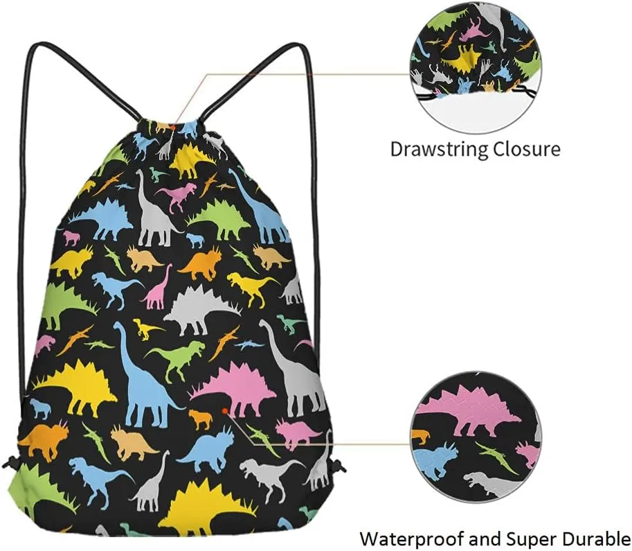 Dinosaurs Drawstring Bags - Cool Cartoon Cute Prehistoric Animal Silhouette Sport Gym Sacks for Men Women