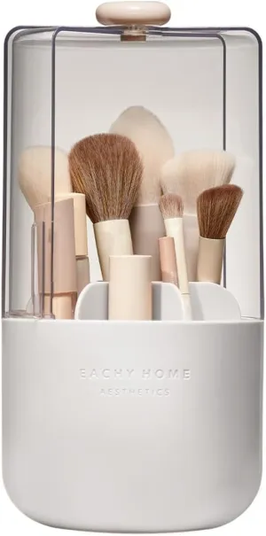 EACHY Makeup Brush Holder 360 Rotating with Dustproof Lid, Waterproof Material, 7 Compartments for Organized Storage, Stylish and Durable Design for Vanity or Bathroom (White)