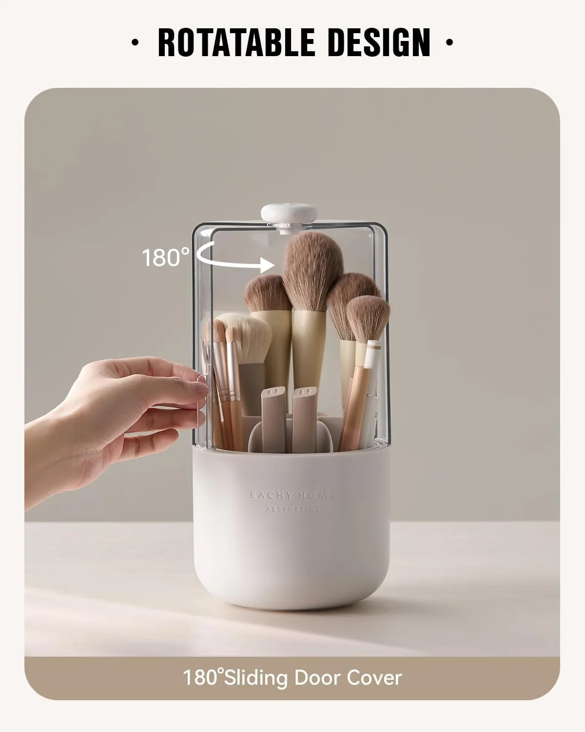 EACHY Makeup Brush Holder 360 Rotating with Dustproof Lid, Waterproof Material, 7 Compartments for Organized Storage, Stylish and Durable Design for Vanity or Bathroom (White)