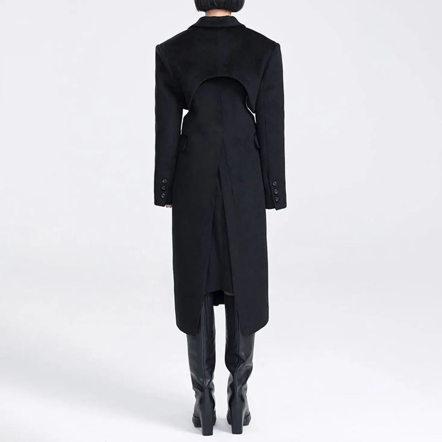 Elegant Woolen Overcoat with Waist Cut-Out