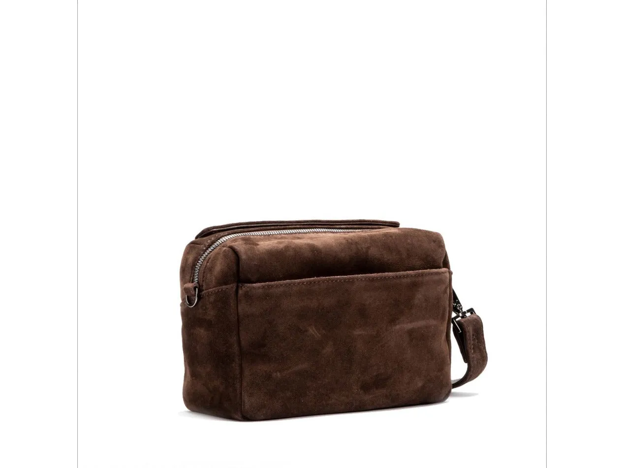 Espresso Suede Gunmetal Zip Evan Crossbody Handbag