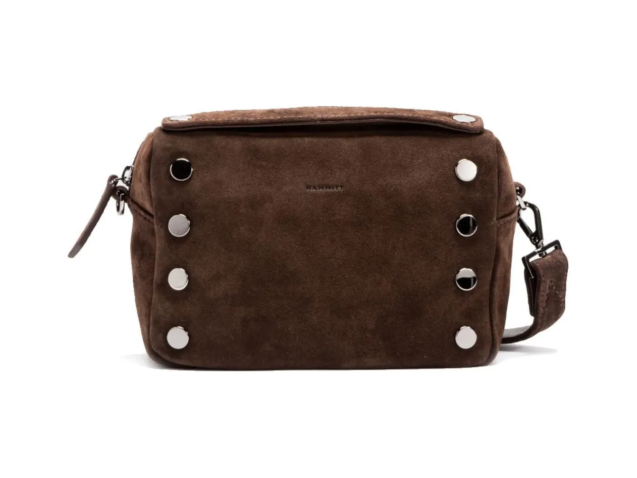 Espresso Suede Gunmetal Zip Evan Crossbody Handbag