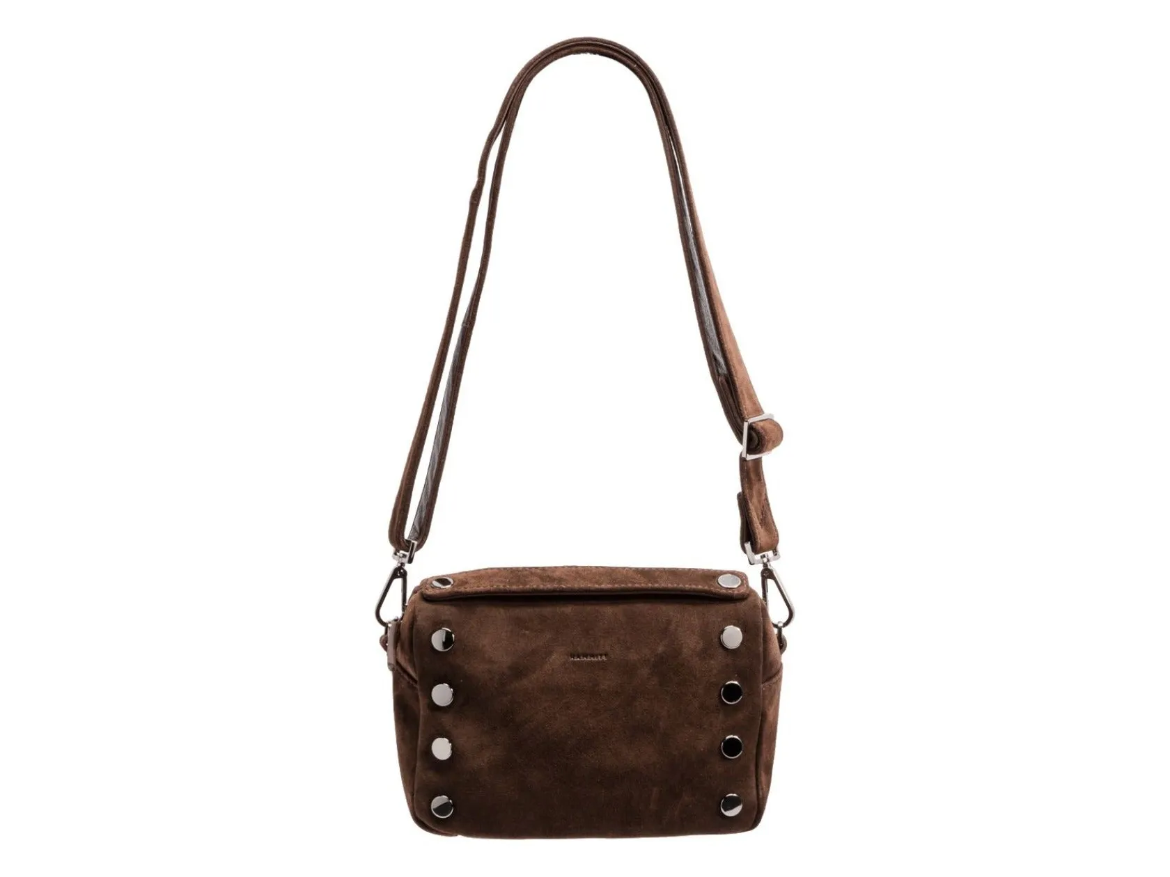 Espresso Suede Gunmetal Zip Evan Crossbody Handbag