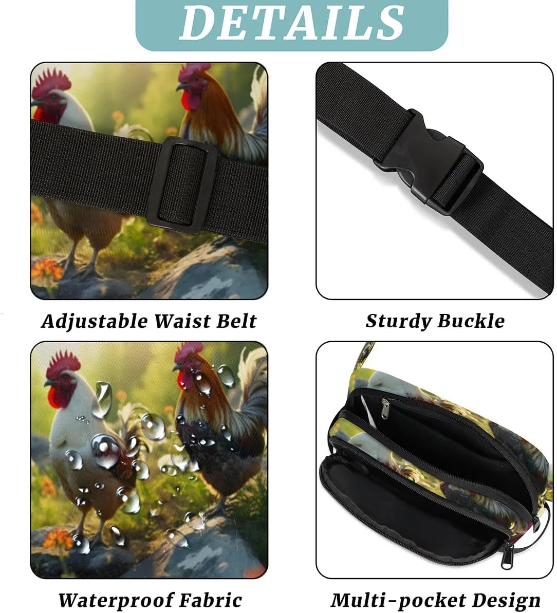 Fanny Pack for Men Women, Waterproof Sports Waist Bag Pack, Chicken Rooster Belt Bag for Travel Hiking Running, Travel Chest Bag with Adjustable Strap, Farmhouse