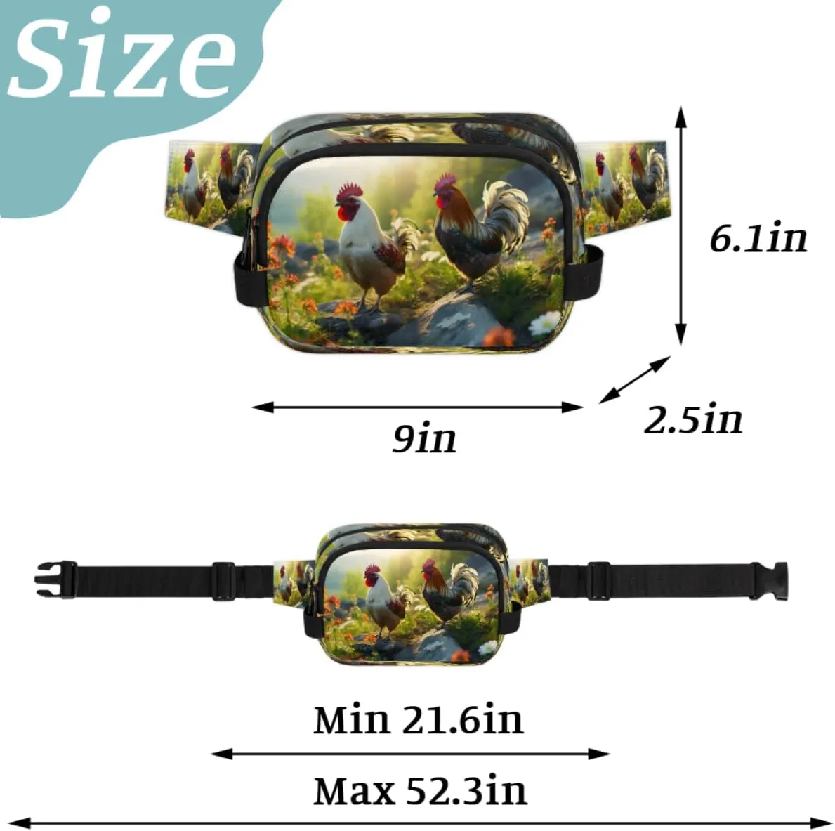 Fanny Pack for Men Women, Waterproof Sports Waist Bag Pack, Chicken Rooster Belt Bag for Travel Hiking Running, Travel Chest Bag with Adjustable Strap, Farmhouse