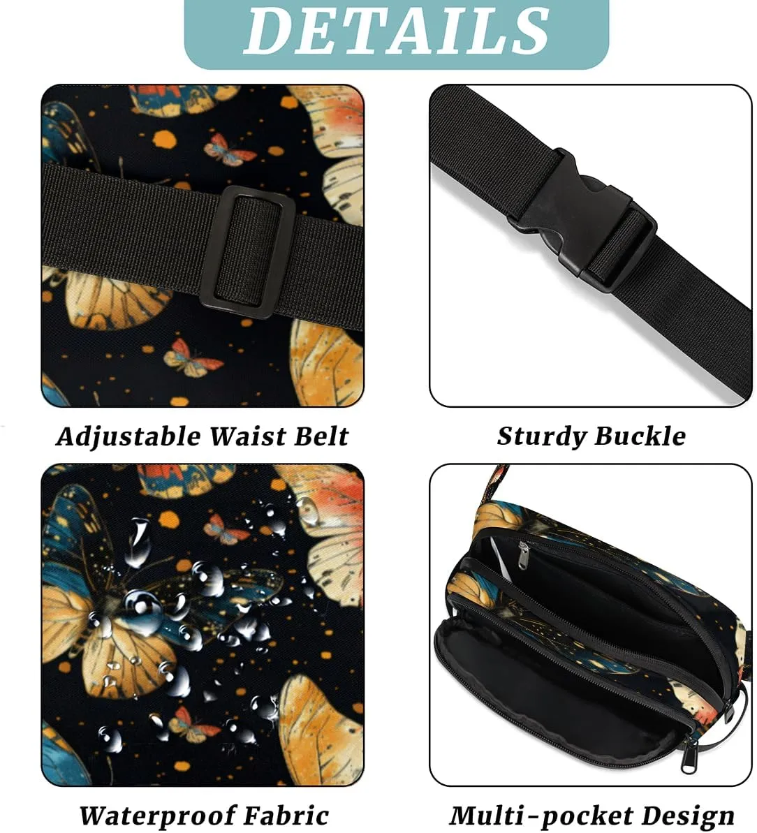Fanny Pack for Men Women, Waterproof Sports Waist Bag Pack, Retro Pretty Colorful Butterfly Belt Bag for Travel Hiking Running, Travel Chest Bag with Adjustable Strap, Butterfly Flying