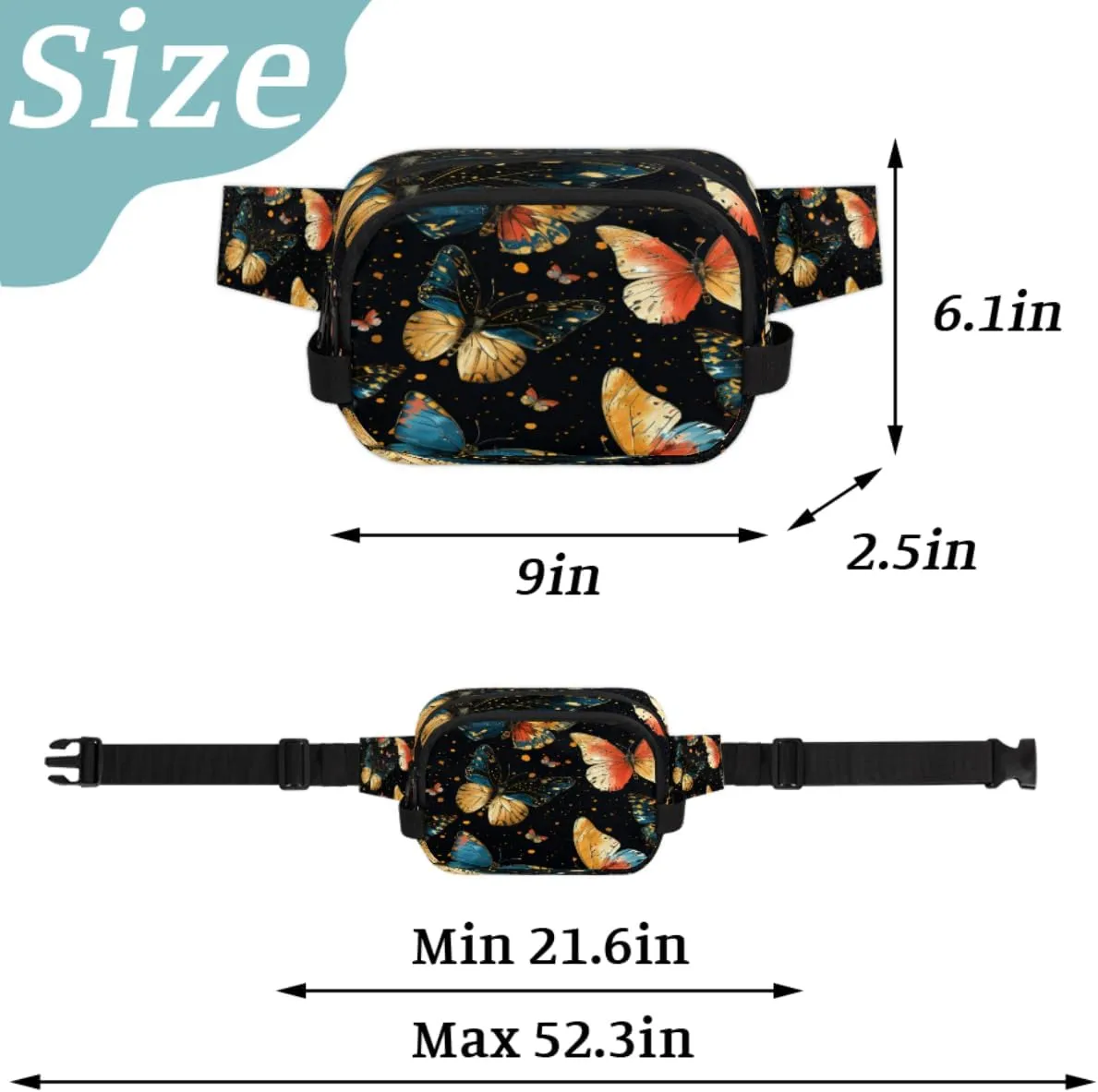 Fanny Pack for Men Women, Waterproof Sports Waist Bag Pack, Retro Pretty Colorful Butterfly Belt Bag for Travel Hiking Running, Travel Chest Bag with Adjustable Strap, Butterfly Flying