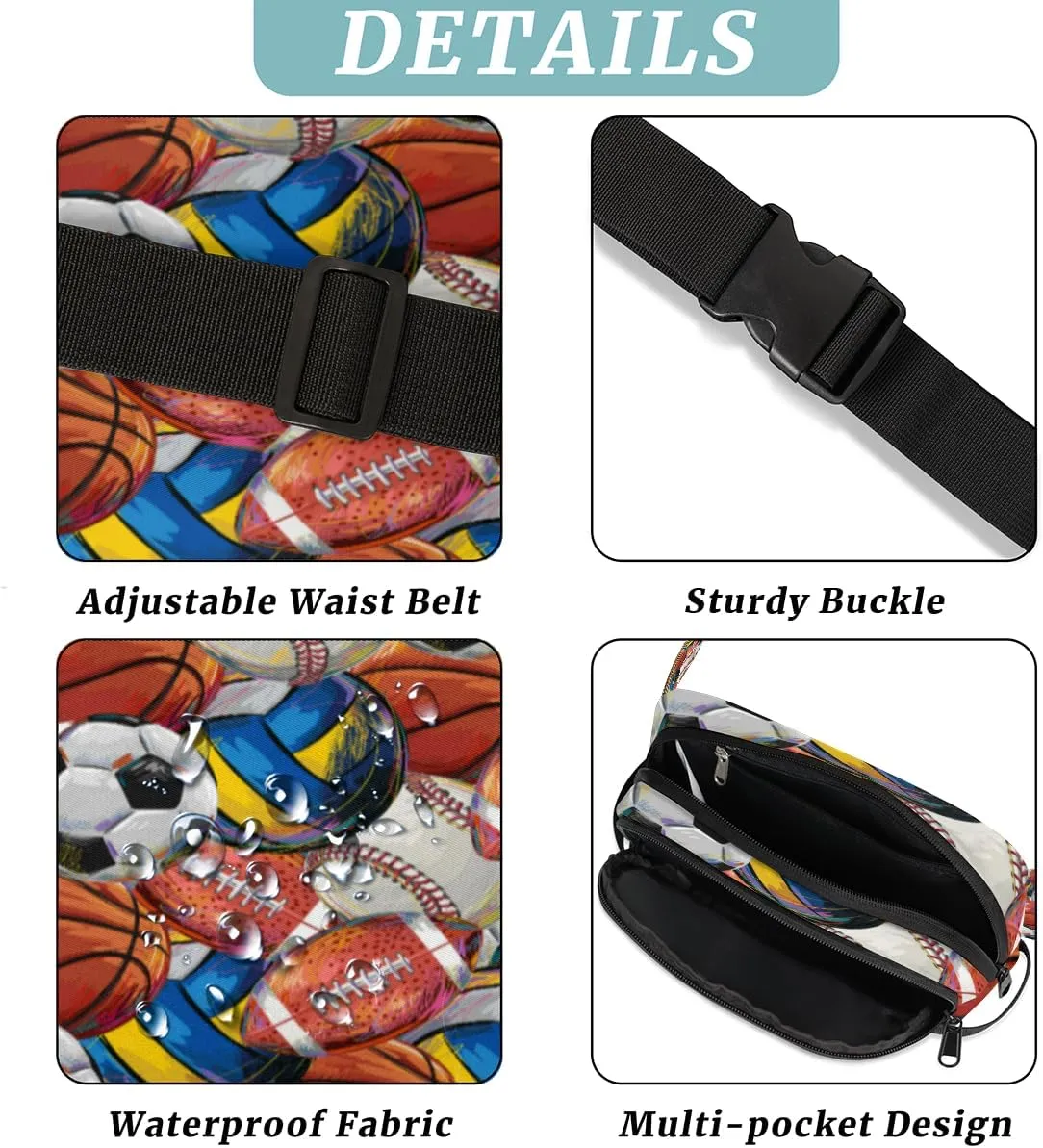 Fanny Pack for Men Women, Waterproof Sports Waist Bag Pack, Sport Theme Belt Bag for Travel Hiking Running, Travel Chest Bag with Adjustable Strap, Basketball Volleyball Football