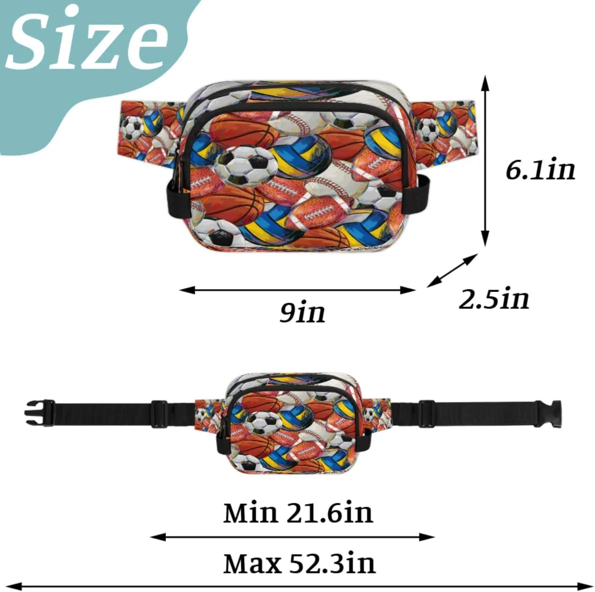 Fanny Pack for Men Women, Waterproof Sports Waist Bag Pack, Sport Theme Belt Bag for Travel Hiking Running, Travel Chest Bag with Adjustable Strap, Basketball Volleyball Football