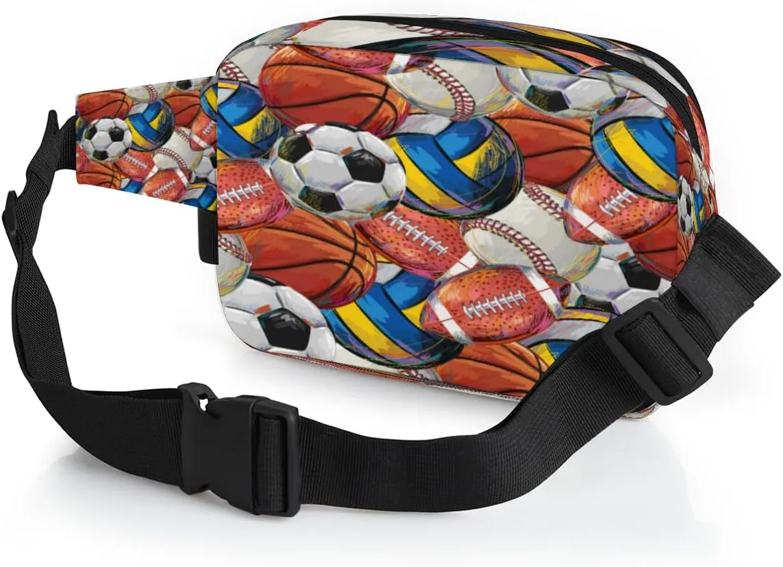 Fanny Pack for Men Women, Waterproof Sports Waist Bag Pack, Sport Theme Belt Bag for Travel Hiking Running, Travel Chest Bag with Adjustable Strap, Basketball Volleyball Football