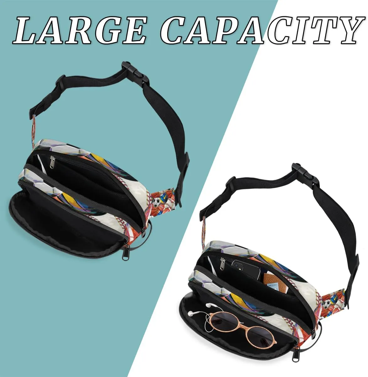 Fanny Pack for Men Women, Waterproof Sports Waist Bag Pack, Sport Theme Belt Bag for Travel Hiking Running, Travel Chest Bag with Adjustable Strap, Basketball Volleyball Football