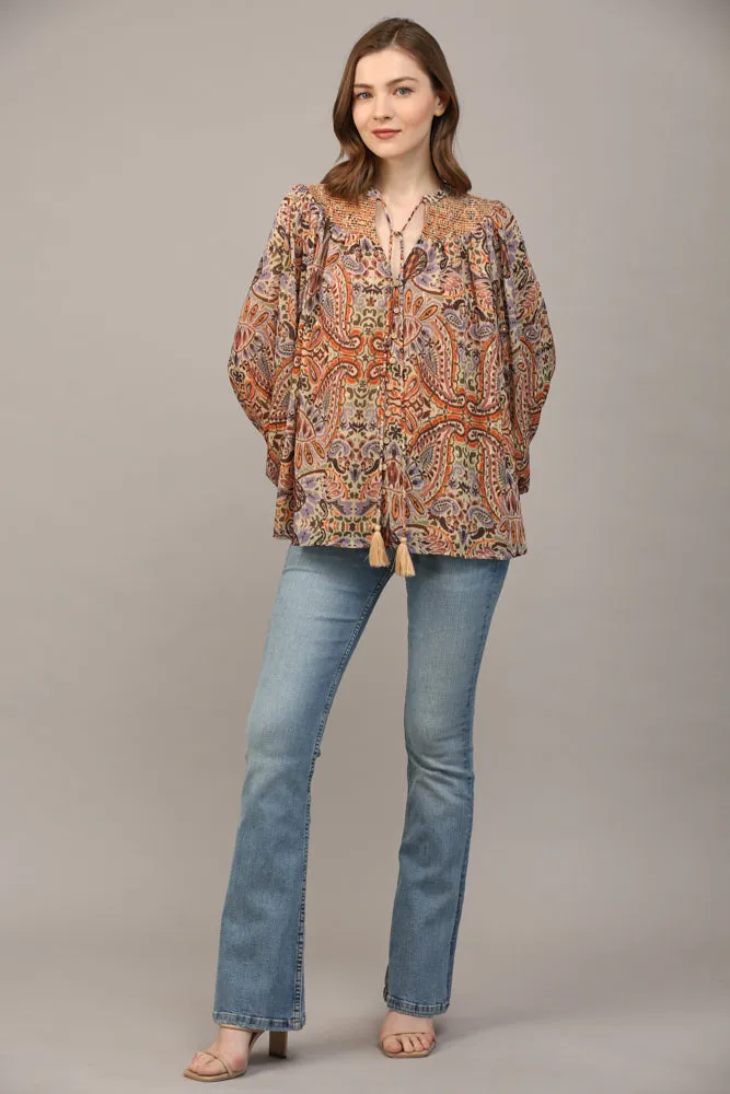 Fate Bohemian Paisley Print Lurex Chiffon Smocked Yoke Blouse In Taupe