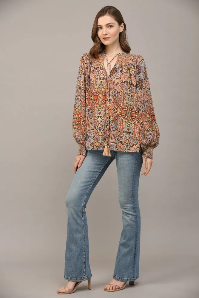Fate Bohemian Paisley Print Lurex Chiffon Smocked Yoke Blouse In Taupe