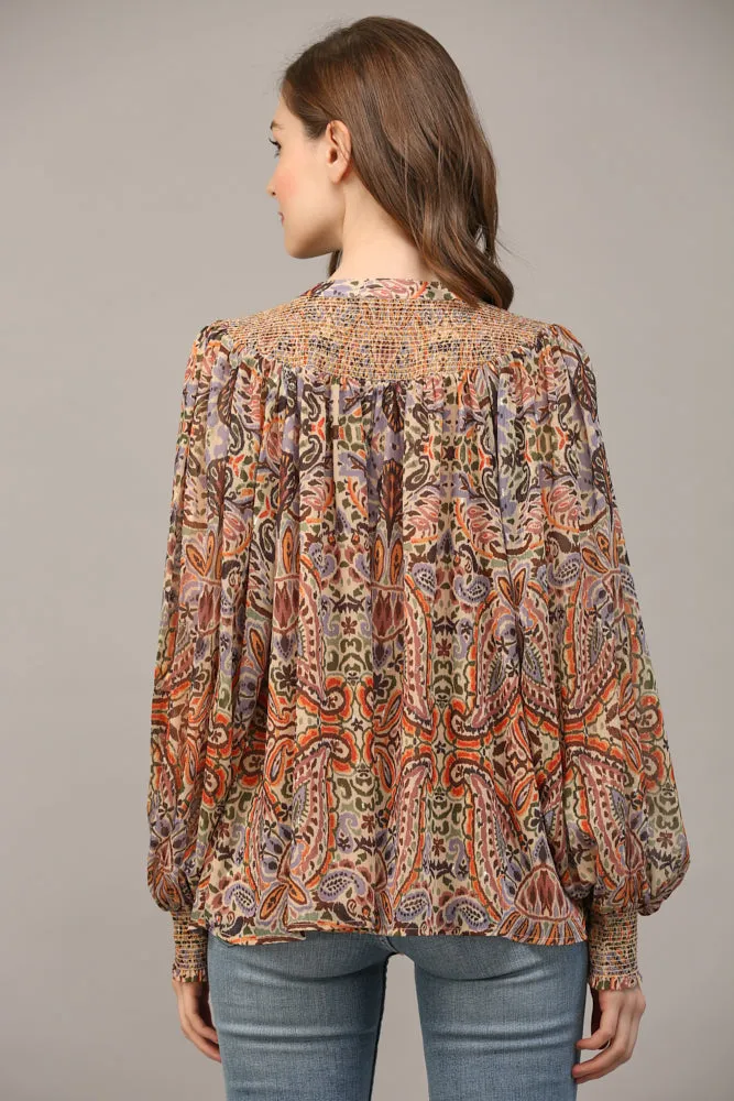 Fate Bohemian Paisley Print Lurex Chiffon Smocked Yoke Blouse In Taupe