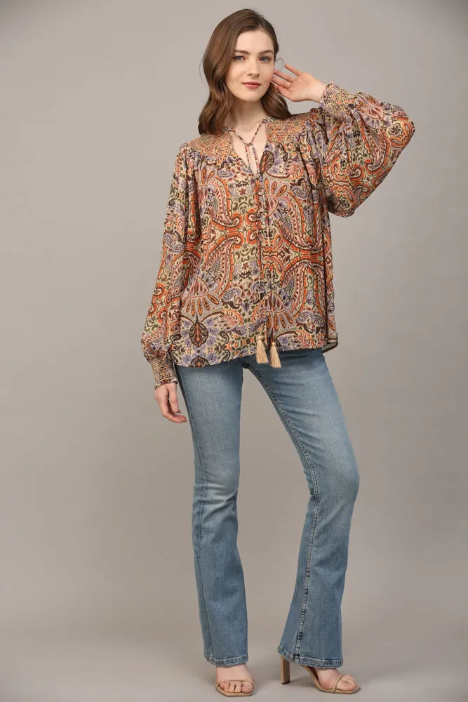 Fate Bohemian Paisley Print Lurex Chiffon Smocked Yoke Blouse In Taupe