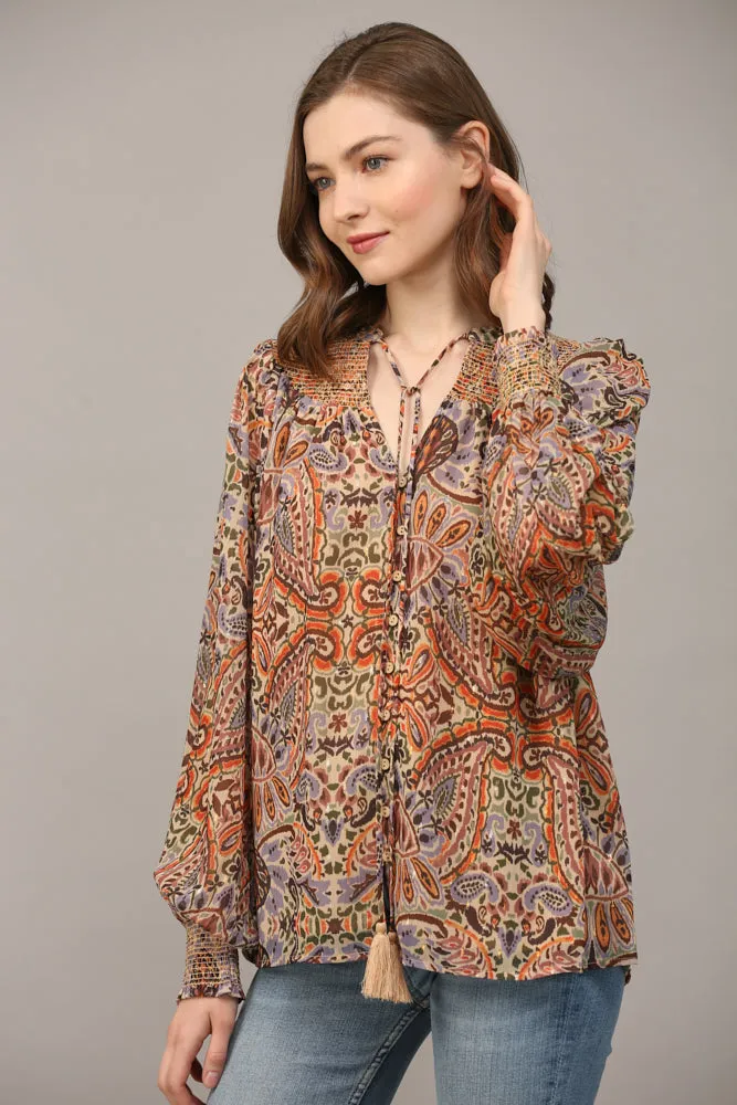 Fate Bohemian Paisley Print Lurex Chiffon Smocked Yoke Blouse In Taupe