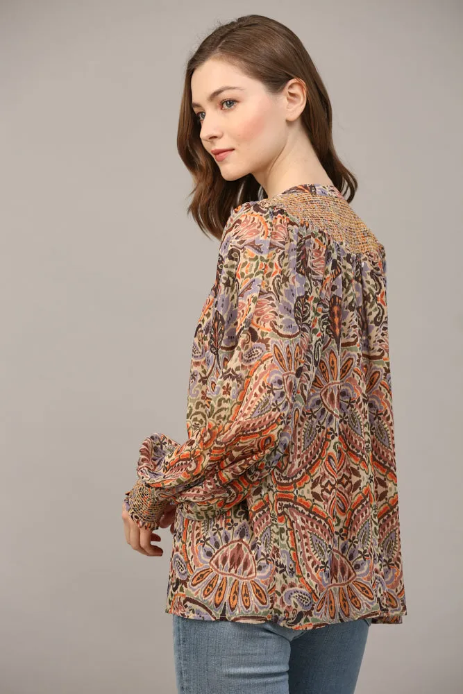 Fate Bohemian Paisley Print Lurex Chiffon Smocked Yoke Blouse In Taupe