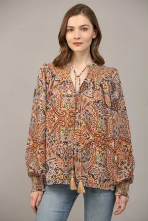 Fate Bohemian Paisley Print Lurex Chiffon Smocked Yoke Blouse In Taupe