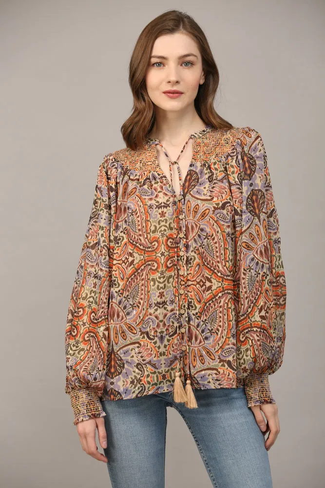 Fate Bohemian Paisley Print Lurex Chiffon Smocked Yoke Blouse In Taupe