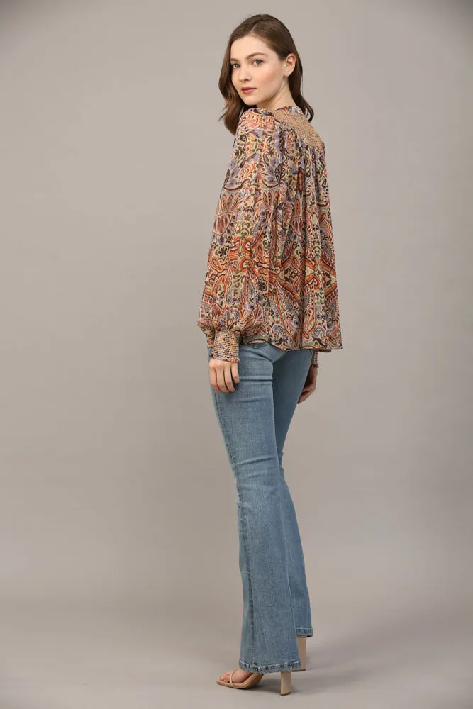 Fate Bohemian Paisley Print Lurex Chiffon Smocked Yoke Blouse In Taupe
